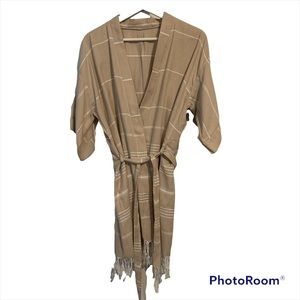 Striped beige white linen kimono mid length tie waist sleeves Small Turkish